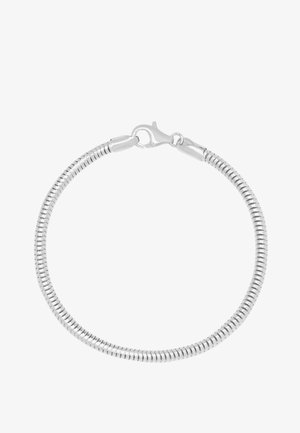 Sølvtonet armbånd med et fleksibelt, spiralskilt design. Har en sikker lobsterlås og en poleret, blank overflade.