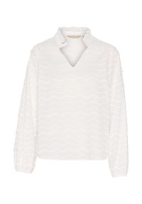 Blusa bianca a maniche lunghe con scollatura a V, motivo ondulato testurizzato, polsini arricciati e sottili dettagli decorativi. Tessuto morbido.