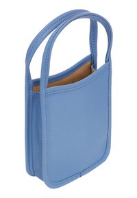 Borsa in pelle blu con due manici corti, texture liscia, forma rettangolare e apertura superiore. L'interno presenta un rivestimento in tinta contrastante beige.