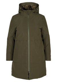 Oliwkowozielona parka do kolan z kapturem, pełnym zamkiem błyskawicznym i bocznymi kieszeniami. Gładka, matowa tkanina z delikatnym połyskiem.