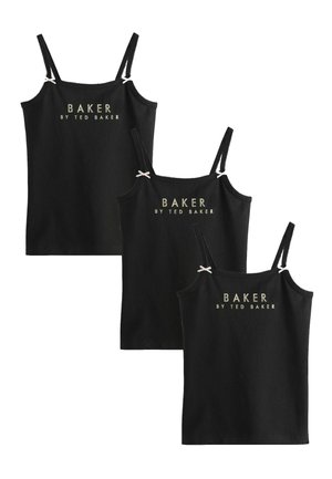 Schwarze Spaghetti-Tops in drei Größen mit dünnen Trägern, einem gewellten Ausschnitt und dem Aufdruck "BAKER by TED BAKER" in Gold auf der Vorderseite.