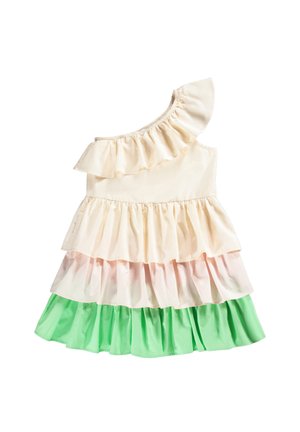 Φόρεμα με έναν ώμο και ρυάκια; κορυφή σε κρέμα, ακολουθούμενη από ροζ και πράσινο. Κατασκευασμένο από μαλακό ύφασμα με φαρδιά σιλουέτα.