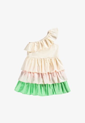 Robe asymétrique avec des couches froncées ; partie supérieure en crème, suivie de rose et de vert. Fabriquée en tissu doux avec une silhouette évasée.