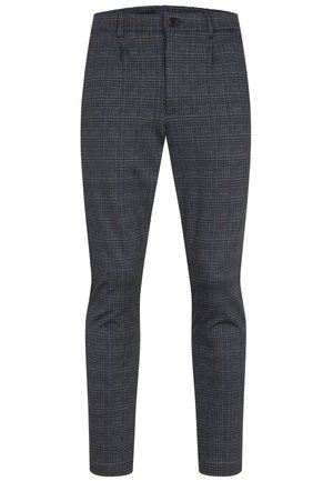 Slim-fit broek in donkergrijs met een gestructureerd ruitpatroon, met subtiele blauwe accenten, riemlussen en steekzakken aan de voorkant.