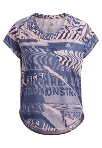 Sportovní tričko s krátkým rukávem v modré a růžové barvě s abstraktním vzorem a textem. Vyrobeno z lehkého, prodyšného materiálu. Zakřivený lem.