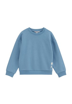 Sweat-shirt bleu clair à col rond avec poignets et bas côtelés, petite étiquette blanche près de l’ourlet et manches longues.