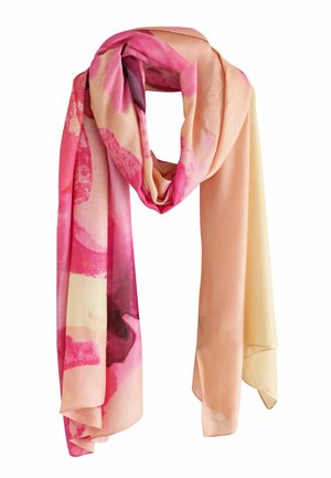 Long lightweight scarf with pink and peach abstract floral patterns, draped in a loose loop with ends hanging down.