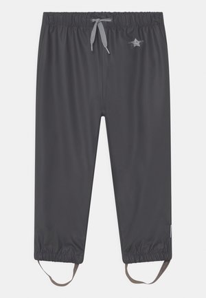 Pantalon imperméable gris foncé avec taille élastique, cordon de serrage et poignets élastiques avec sangles aux pieds pour un maintien sécurisé.