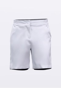 Hvite atletiske shorts laget av glatt stoff, med elastisk midjebånd, knappestenging, to sidelommer og en strømlinjeformet passform.