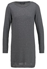 Robe-pull à manches longues gris foncé avec col rond, ornée de petites perles argentées éparses sur le devant.