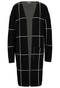 Czarny kardigan z białym wzorem w kratkę, z otwartym przodem, długimi rękawami i dwiema przednimi kieszeniami. Wykonany z miękkiego, teksturowanego materiału.