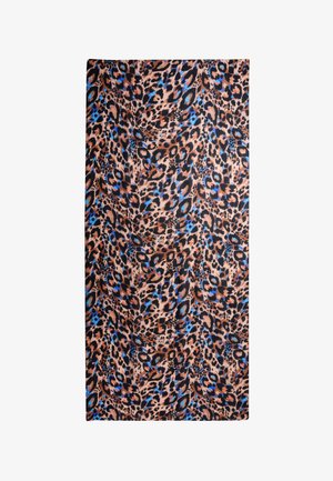 Leopardprintstof met een beige achtergrond, voorzien van zwarte, bruine en blauwe vlekken. Gladde textuur, rechthoekige vorm en levendig patroon.