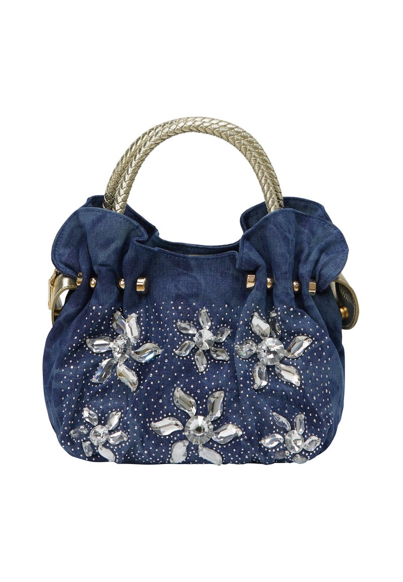 Denim håndtaske med en samlet form, sølvfarvede flet-håndtag, blomsterkrystal pynt og rhinestone detaljer på en mørkeblå stof.