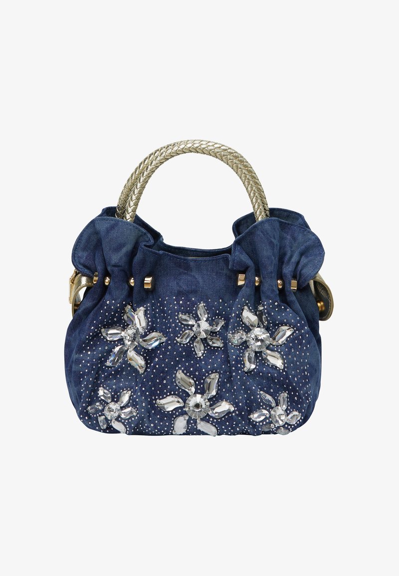 Denim håndtaske med en samlet form, sølvfarvede flet-håndtag, blomsterkrystal pynt og rhinestone detaljer på en mørkeblå stof.