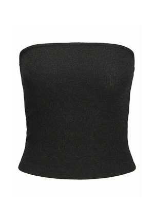 Top tubular negro brillante sin tirantes con silueta ajustada y ligera campana en el dobladillo.