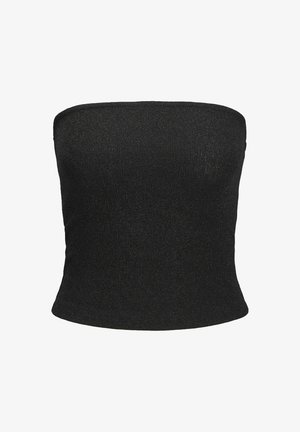 Hihaton musta, kimaltava putkitoppi, jossa vartalonmyötäinen siluetti ja hieman levenevä helma.