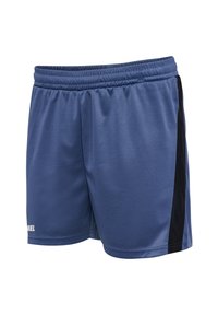 Blauwe sportshorts van lichtgewicht stof, met een elastische tailleband, een zwarte accentstreep aan de zijkant en een gestructureerde afwerking.