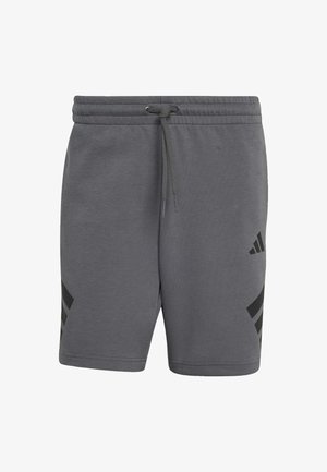 Gray athletic shorts with elastic waistband and drawstring, featuring black geometric logo accents on both legs.