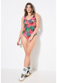 Én-delt badedragt med et levende blomsterdesign i pink, grøn og orange. Har en scoop-udskæring og er lavet af strækbart materiale.
