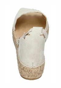 Beige suede espadrille with an open toe design, braided jute sole, and a stitched edge. Features adjustable strap with metallic hardware.