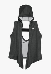 Tummanharmaa hihaton hupullinen liivi, jossa avoin edusta, tehty pehmeästä kankaasta, varustettu Nike-logolla ja kerroksellisella muotoilulla. Verkkomateriaali lisää ilmavirtausta.