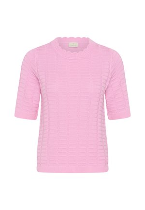 Haut rose à manches courtes en maille avec motif carré texturé et encolure ronde festonnée, présenté sur un fond blanc.