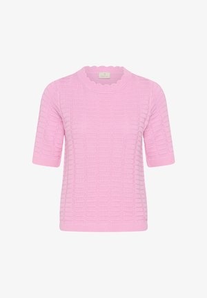 Roosa lühikeste varrukatega kootud topp tekstuurse ruudumustriga ja sakilise ümmarguse kaelusega, esitatud valgel taustal.