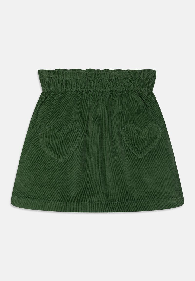 Jupe en velours côtelé vert foncé avec taille élastique et deux poches cousues en forme de cœur à l'avant.