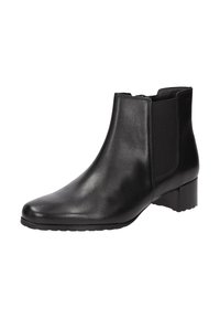 Schwarze Leder-Ankle-Boots mit spitzem Zehenbereich, elastischen Seitenpaneelen und einem moderat klobigen Absatz. Glatte Textur und minimalistische Details.