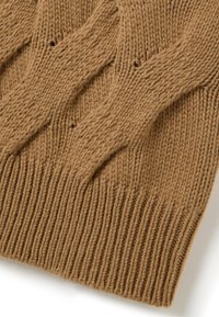 Knitted brown sweater fabric featuring a ribbed hem, textured diamond pattern, and a soft wool-like appearance.