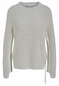 Pull en maille gris clair à manches longues, col rond et détail zip sur le côté droit de l'ourlet.