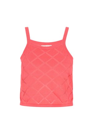 Koralna majica na naramenice z strukturiranim romboidnim vzorcem, izdelana iz mehkega materiala, z nastavljivimi naramnicami in ravnim robom.