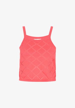 Korallipink õhuke top, millel on tekstureeritud diamandimuster, valmistatud pehmest kangast, reguleeritavate rihmadega ja sirge lõpuga.