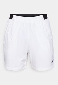 White athletic shorts with a black elastic waistband, side pockets, and a small logo on the lower right side. Smooth texture.