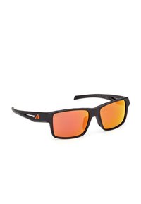Lunettes de sport rectangulaires noires avec des verres miroirs orange et un petit logo orange sur la branche.