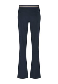 Navy flared pants met een zachte textuur, elastische tailleband met een gouden accent en twee achterzakken, ontworpen voor comfort.