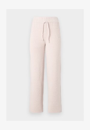 Pantalones de pijama de felpa en rosa claro, con una superficie texturizada, cinturilla elástica y cordón ajustable. Corte recto, tejido suave.
