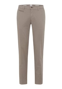 Beige chinos with a slim fit, made from cotton blend fabric. Features a front pocket, a zippered pocket, and belt loops. Smooth texture.