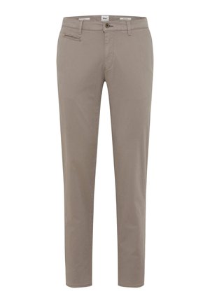Chinos beige con una vestibilità slim, realizzati in tessuto misto cotone. Presentano una tasca frontale, una tasca con zip e passanti per cintura. Texture liscia.