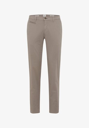 Beige Chinos mit schmalem Schnitt, aus Baumwollmischgewebe gefertigt. Verfügt über eine Vordertasche, eine Reißverschlusstasche und Gürtelschlaufen. Glatte Textur.