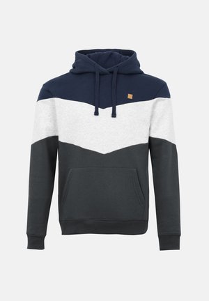 Kapucnis pulóver sötétkék, fehér és sötétszürke chevron mintával, elülső kenguruzsebbel és zsinóros megkötéssel.