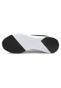 Suela de zapatilla en blanco y negro que presenta una suela de goma texturizada con un patrón de diamante para mayor tracción y una entresuela blanca para amortiguación.