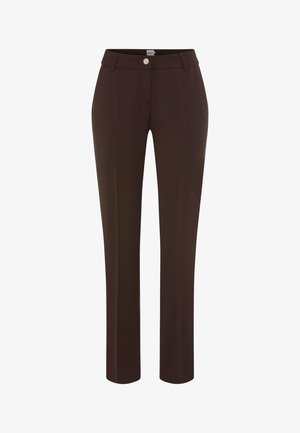 Bruine rechte-pijp broeken gemaakt van een gladde stof, met een ritssluiting aan de voorkant, knoopsluiting en twee voorknoopzakken.