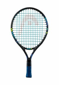 Zwarte tennisracket met een ronde kop en blauwe snaren. Voorzien van een blauwe en zwarte schuimgrip en "NOVAK17" branding op de hals.