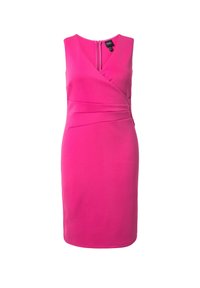 Abito fucsia aderente senza maniche con design avvolgente e tessuto testurizzato. Presenta una cerniera nascosta sul retro e una lunghezza fino al ginocchio.