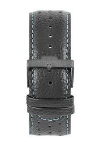 Cinturino in pelle nera con cuciture azzurro chiaro, caratterizzato da una finitura testurizzata e molteplici fori di regolazione, fissato da una fibbia metallica.