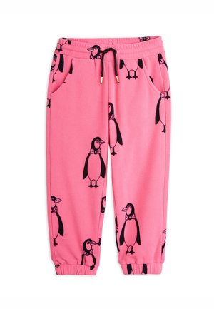 Pantalon en polaire rose vif avec imprimés de pingouins noirs, poignets élastiques, taille élastique et cordon noir à la taille.