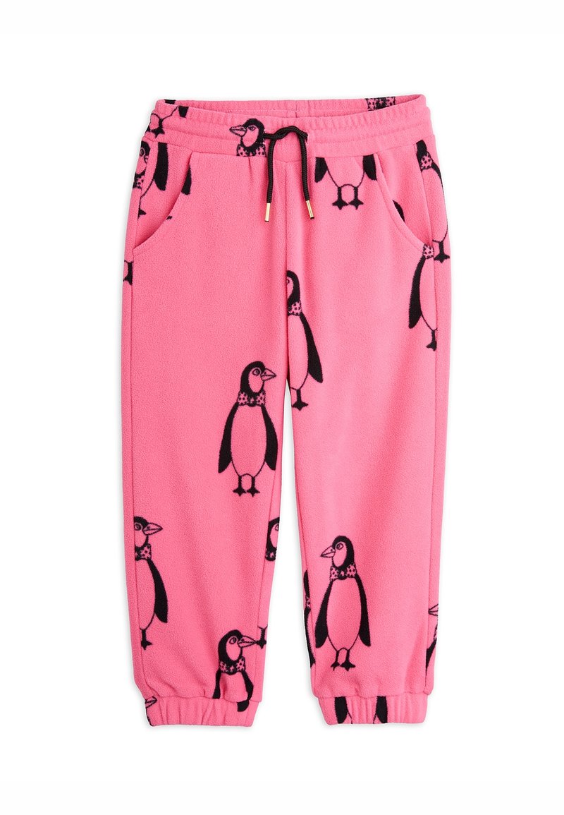 Pantalon en polaire rose vif avec imprimés de pingouins noirs, poignets élastiques, taille élastique et cordon noir à la taille.