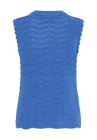Veste tricotée sans manches bleue avec texture à motifs zigzag et col montant, vue de dos.