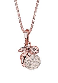Roze gouden ketting met een cherubijn charm die een gemarmerde, schitterende orb vasthoudt, versierd met meerdere heldere kristallen. Ketting met een fijn schakeldesign.